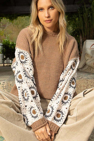 Contrast Crochet Sleeves Pullover Sweater -  - POL - MOD&SOUL