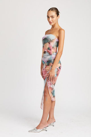 FLORAL SHIRRED MIDI DRESS WITH HIGH SLIT - MOD&SOUL - Contemporary Women's Clothing