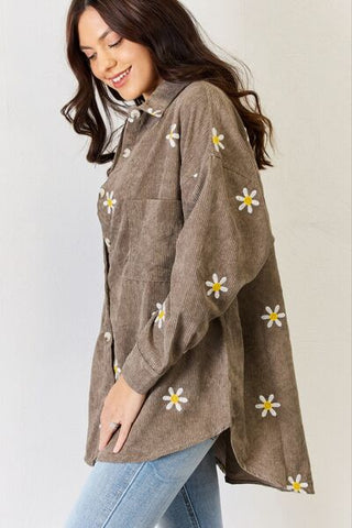 Flower Print Corduroy Button Down Shirt - MOD&SOUL - Contemporary Women's Clothing