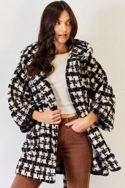 Fuzzy Plaid Waist Tie Hooded Cardigan - MOD&SOUL - Contemporary Women's Clothing