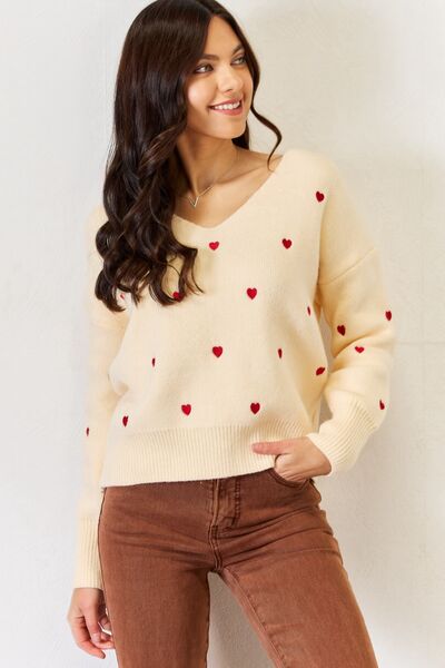Heart Print V-Neck Sweater - MOD&SOUL - Contemporary Women's Clothing