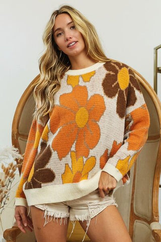 Round Neck Flower Pattern Sweater - MOD&SOUL - Contemporary Women's Clothing