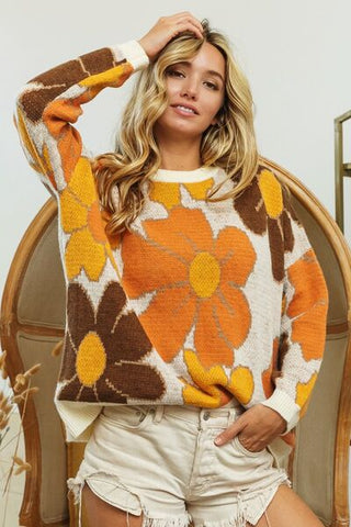 Round Neck Flower Pattern Sweater - MOD&SOUL - Contemporary Women's Clothing