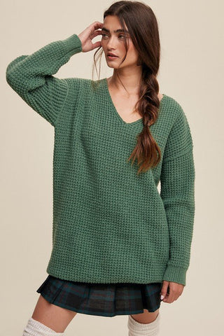 Slouchy V-neck Ribbed Knit Sweater - MOD&SOUL - Contemporary Women's Clothing
