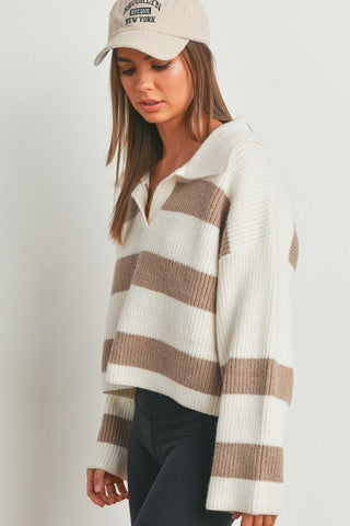 Taupe Striped Collared Sweater - she - Mod&Soul - MOD&SOUL